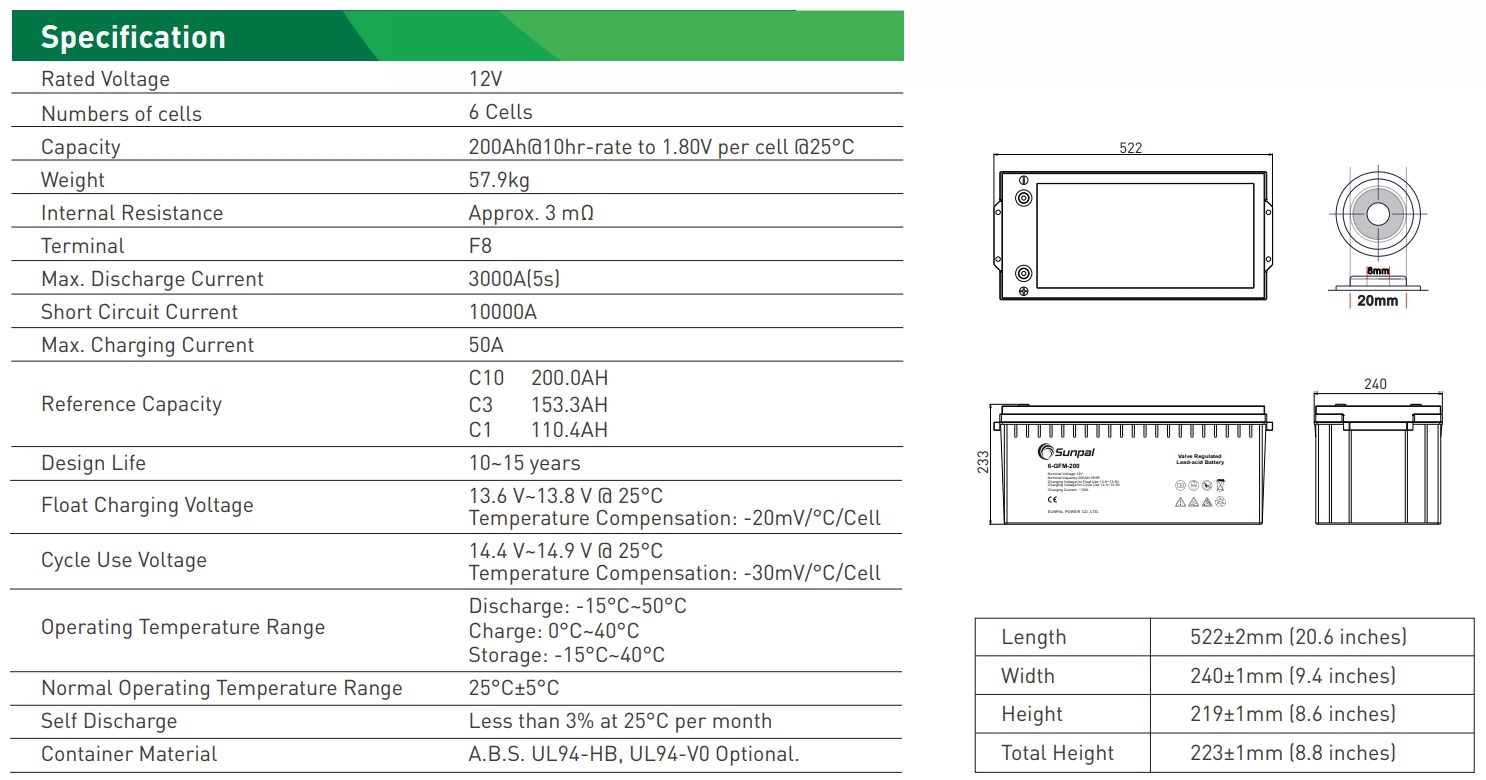Sunpal Batteri 12V 200Ah