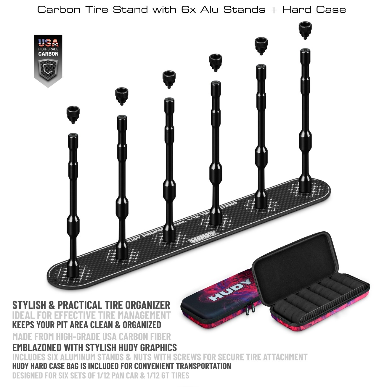 HUDY Tire Stand 6x + Hard Case 1/12 Pan Car & GT